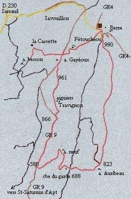 les aiguiers du côté d'Apt-Savouillon - circuit en rouge