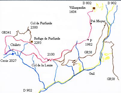 Villargaudin - Châlets de Furfande - circuit en rouge