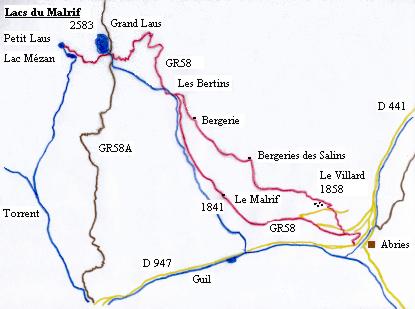 Le Malrif, lac mézan, grand et petit Laus - circuit en rouge