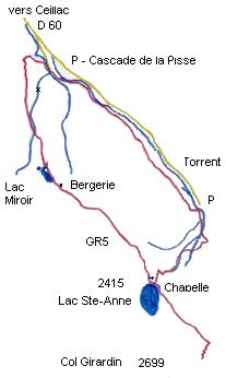 Lac Miroir, col Girardin - circuit en rouge