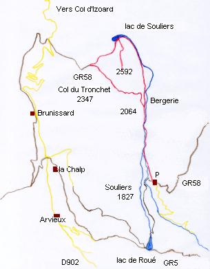 Lac souliers, col du Tronchet - circuit en rouge